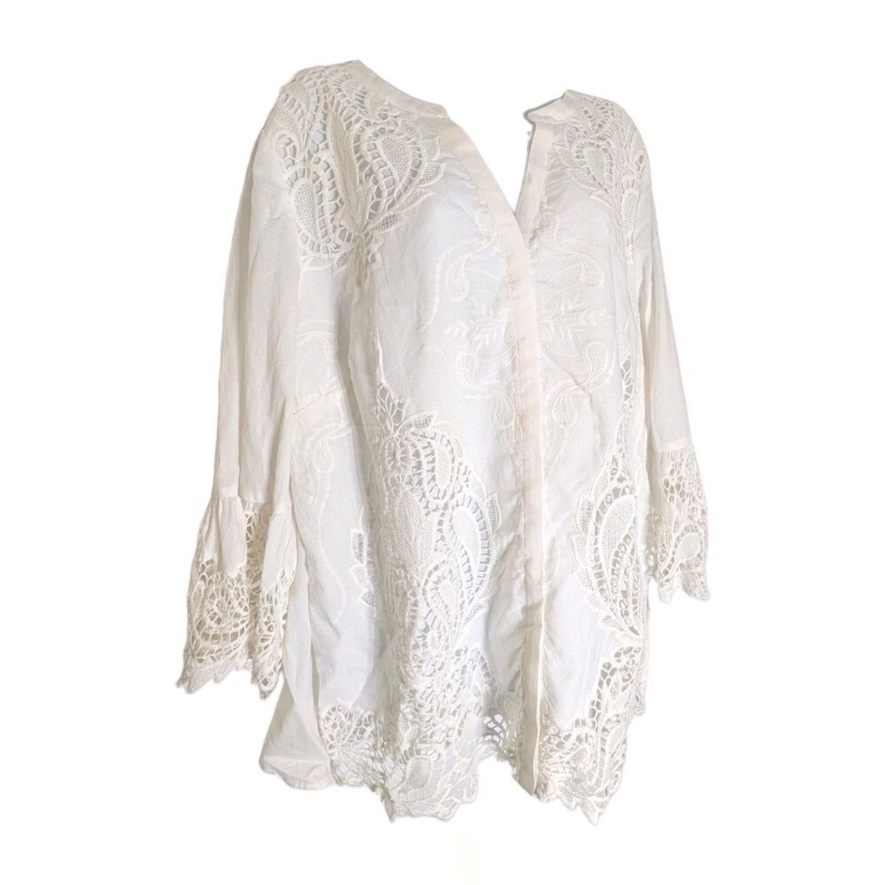 NWT Chicos Cotton Button Down Blouse Womens Sz 3 16/18 Lace Flare Sleeve Peasant - Picture 3 of 16